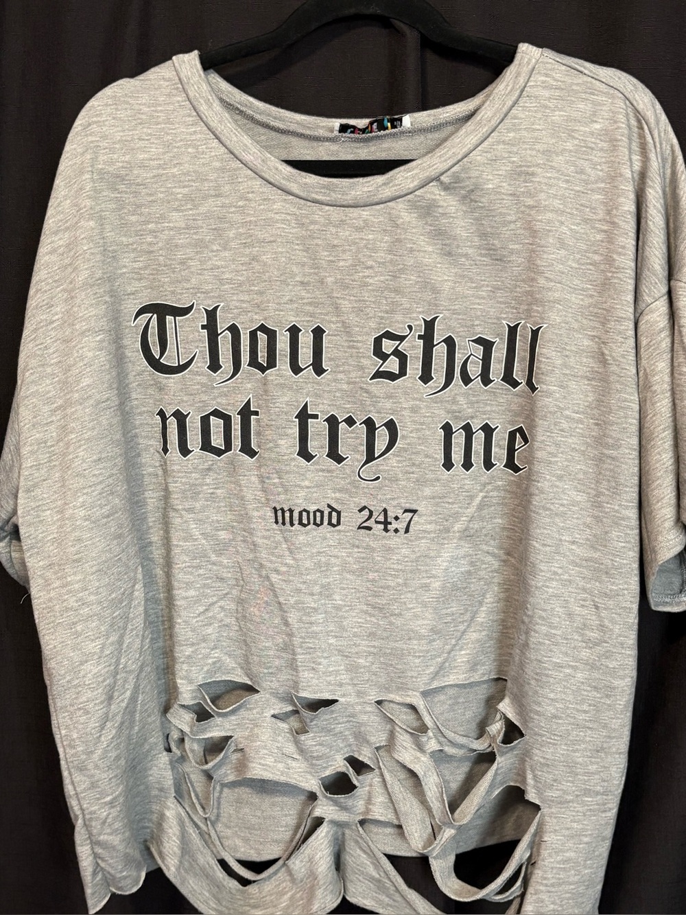 Womens Love J heather gray graphic distressed top “Thou shall not try me" Sz 3X